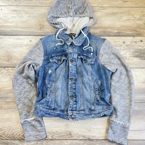 Free People Blue Denim Jacket with Gray Hood